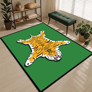 Tappeto con stampa di tigre, tappeto con tigre dei cartoni animati, tappeto con decorazioni giungla, tappeto giocoso, tappeto pop art, tappeto decorativo, illustrazione di pelle di animale