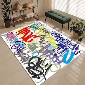 Tapis artistique urbain graffiti, Tapis de sol street style, Décoration hip hop, Tapis de marquage coloré, Tapis de salon moderne, Décoration graffiti contemporaine