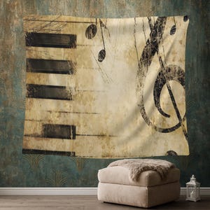 Music Wall Tapestry, Piano Art Decor, Music Art, Treble Clef Poster, Rustic Music Room, Musical Notes Wall Hanging, Musician Gift Idea