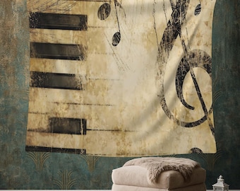 Music Wall Tapestry, Piano Art Decor, Music Art, Treble Clef Poster, Rustic Music Room, Musical Notes Wall Hanging, Musician Gift Idea