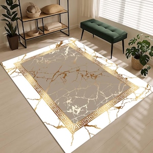 Luxury Marble Rug, Greek Key Border Carpet, Elegant Gold Beige Mat, Marble Print Floor Decor, Classic Living Room Rug, Modern Glam Style