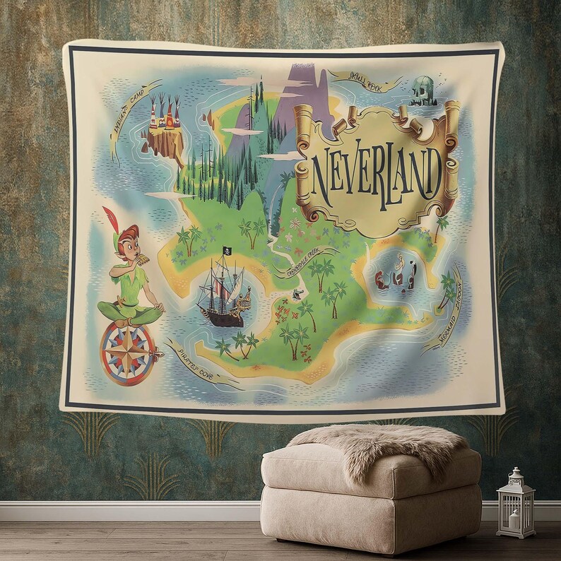 Gobeläng med karta över Neverland, sagobarnrum, magisk ö-affisch, dekoration med förlorade pojkars rum, piratkarta, sagobok, nyckfullt barnrum bild 2