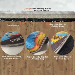 May include: Close-up of a colorful rug with a digital print. The rug has a soft, velvety surface and a non-slip woven cotton base. The rug is made of high-quality materials and is perfect for adding a touch of style to any room.