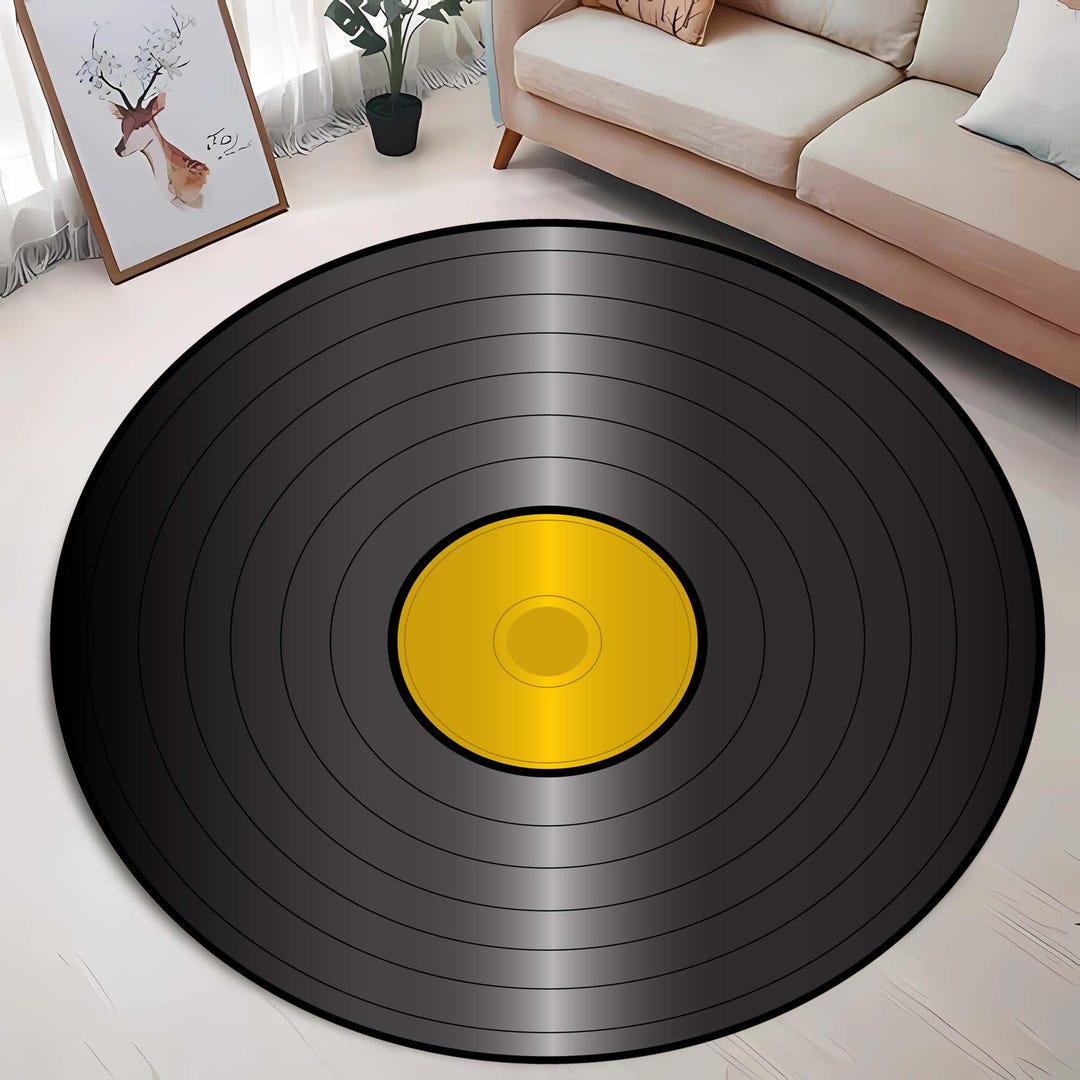 Retro Vinyl Record Rug, Stylish Black Surface and Gold Center, Music ...