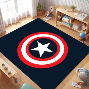 Captain America Rug, Superhero Room Decor, Shield Design Mat, Kids Playroom Rug, Heroic Shield Area Rug, Comic Book Style, Unique Superhero