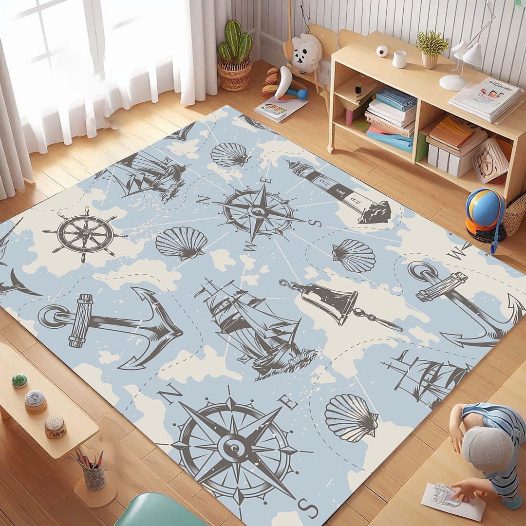 Nautical Rug, Retro Map, Compass Area Rug, Anchor Floor Mat, Maritime ...