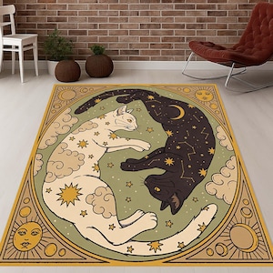 Yin Yang Cats Rug, Celestial Cat Mat, Moon Sun Carpet, Witchy Cat Rug, Magic Cats Rug, Mystic Home Rug, Cosmic Kitty Mat, Zodiac Themed Rug