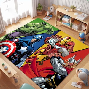 Tappeto supereroi, tema eroe, stile fumetto, accessori per la camera dei ragazzi, design per la sala giochi dei supereroi, Hulk, Iron Man, Thor, Capitan America