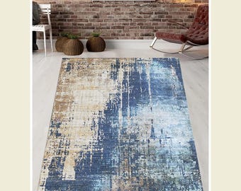 Alfombra abstracta, contemporánea, azul, aspecto desgastado, diseño artístico minimalista, rústica, estilo industrial, patrón único, tonos neutros