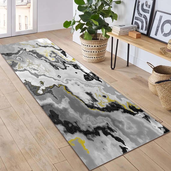 Marmor Teppich Läufer, Abstrakter Flur Teppich, Moderne Bodenmatte, Teppich Läufer Schwarz Grau Weiß, Luxuriöses Wohndekor, Teppich Läufer, Eleganter Ästhetischer Teppich