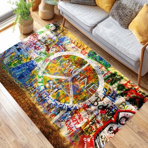 Alfombra con grafiti, alfombra Imagine, alfombra con símbolo de la paz, alfombra de arte callejero urbano, decoración artística hippie para habitación, arte de suelo llamativo, alfombra de expresión creativa