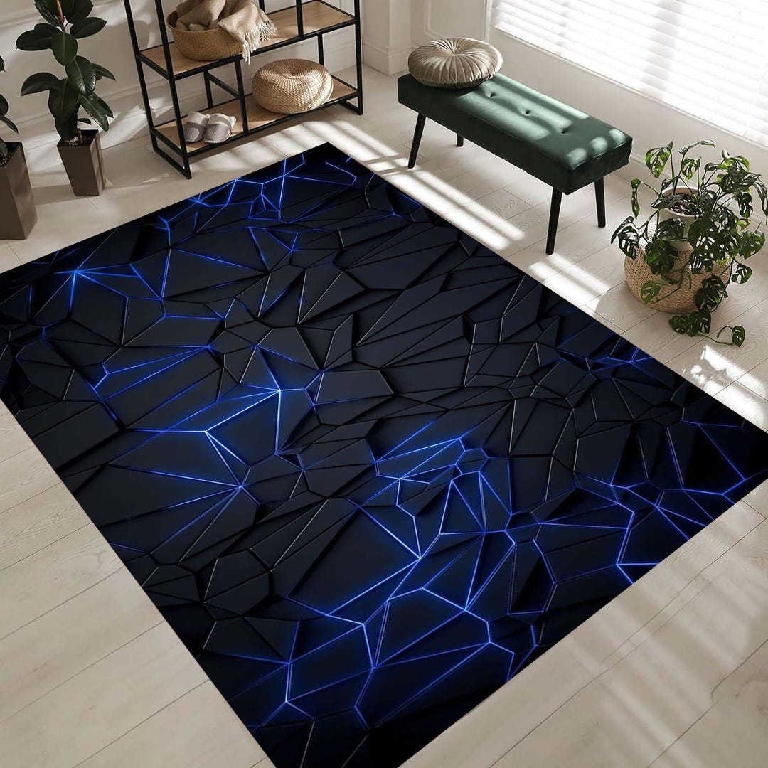 Neon Look Rug, Black Blue Neon Decorative Rug, Game Room Rug, Floor Rug ...