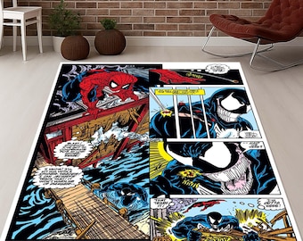 Spider-Man Rug, Comic Rug, Venom Superhero Room Decor, Comic Book Art Rug, Super Hero Fan Gift, Action Scene Floor Mat, Pop Culture Decor