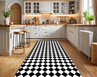 Läufer, Schwarz Weißer Teppich Läufer, Moderne Geometrische Wohnkultur, Schach Muster Teppich, Minimalistischer Küchen Läufer