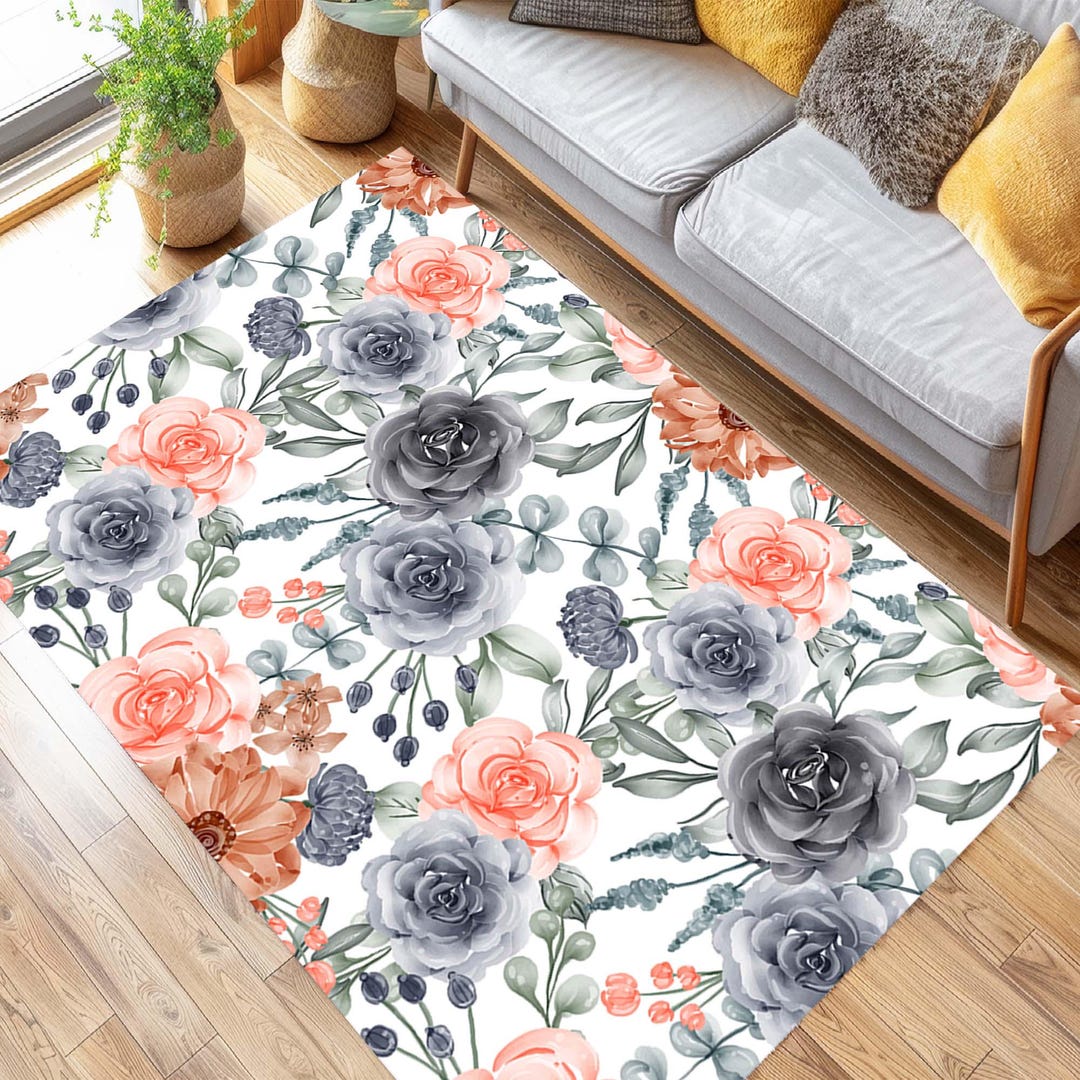 Floral Rose Pattern Rug, Watercolor Flower Carpet, Non-slip Cotton Base ...
