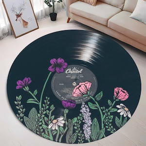 Vinyl Record Rug, Music Lover Rug, Round Turntable Rug, Floral Vinyl Record Decor, Music Room Rug, Aesthetic LP Disc Rug, Cool Studio Decor