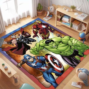 Super Hero Rug, Hulk Captain America Iron Man Thor, Boys Room Decor, Hero Themed Play Rug, Colorful Cartoon Character Carpet,Super Hero Gift