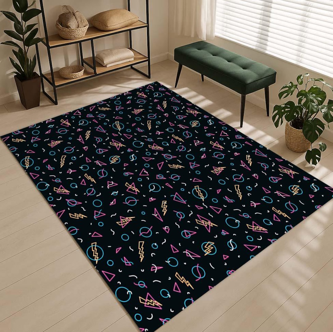 Retro Neon Style Rug, 80s Style Carpet, Funky Room Decor, Colorful ...