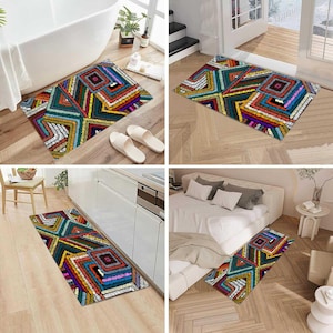 May include: A selection of geometric patterned rugs. The rugs display a vibrant design with blue, green, yellow, red, and white. The rectangular rugs, likely woven, are shown in a bathroom, doorway, kitchen, and bedroom, offering a versatile home decor option.