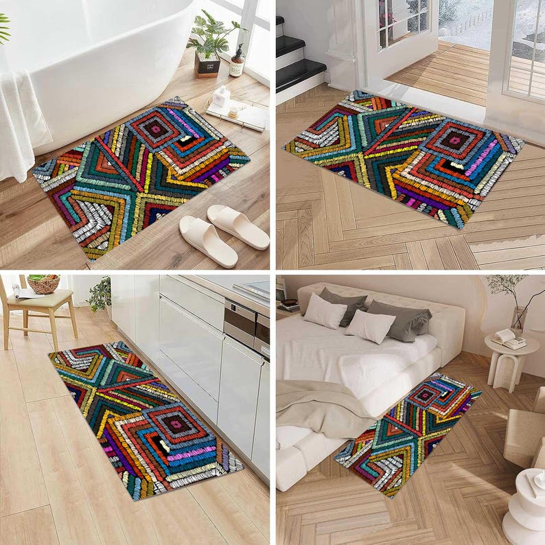 May include: A selection of geometric patterned rugs. The rugs display a vibrant design with blue, green, yellow, red, and white. The rectangular rugs, likely woven, are shown in a bathroom, doorway, kitchen, and bedroom, offering a versatile home decor option.