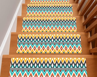 Boho Stair Tread, Tribal Step Mat, Colorful Stair Rug, Aztec Anti Slip Stair Mat, Indoor Ethnic Pattern Pad, Geometric Stair Rug