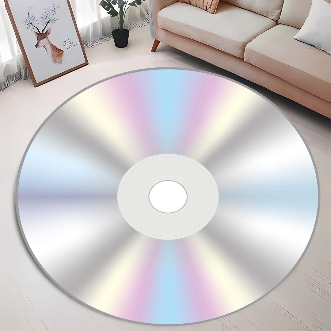 CD Disc Round Rug, Retro Music Carpet, Vintage Vinyl Aesthetic, Shiny ...
