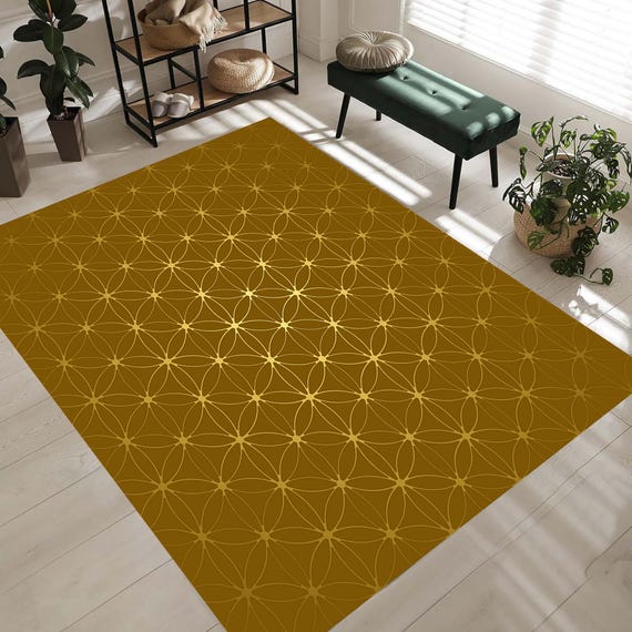 Flower of Life Rug, Tree of Life Rug, Flower of Life Gold Area Rug, Yoga Rug, Modern Floor Rug, Salon Flower Rugs, Meditation Popular Rug