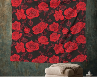 Red Rose Tapestry, Gothic Floral Decor, Dark Romantic Wall Art, Bold Rose Wall Hanging, Black Red Room Decor, Vintage Rose Print, Flower Art