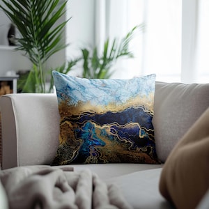 Blue Gold Marble Pillow Cover, Luxury Abstract Throw Pillow, Elegant Sofa Cushion, Modern Living Room Decor, Couch Pillow Case