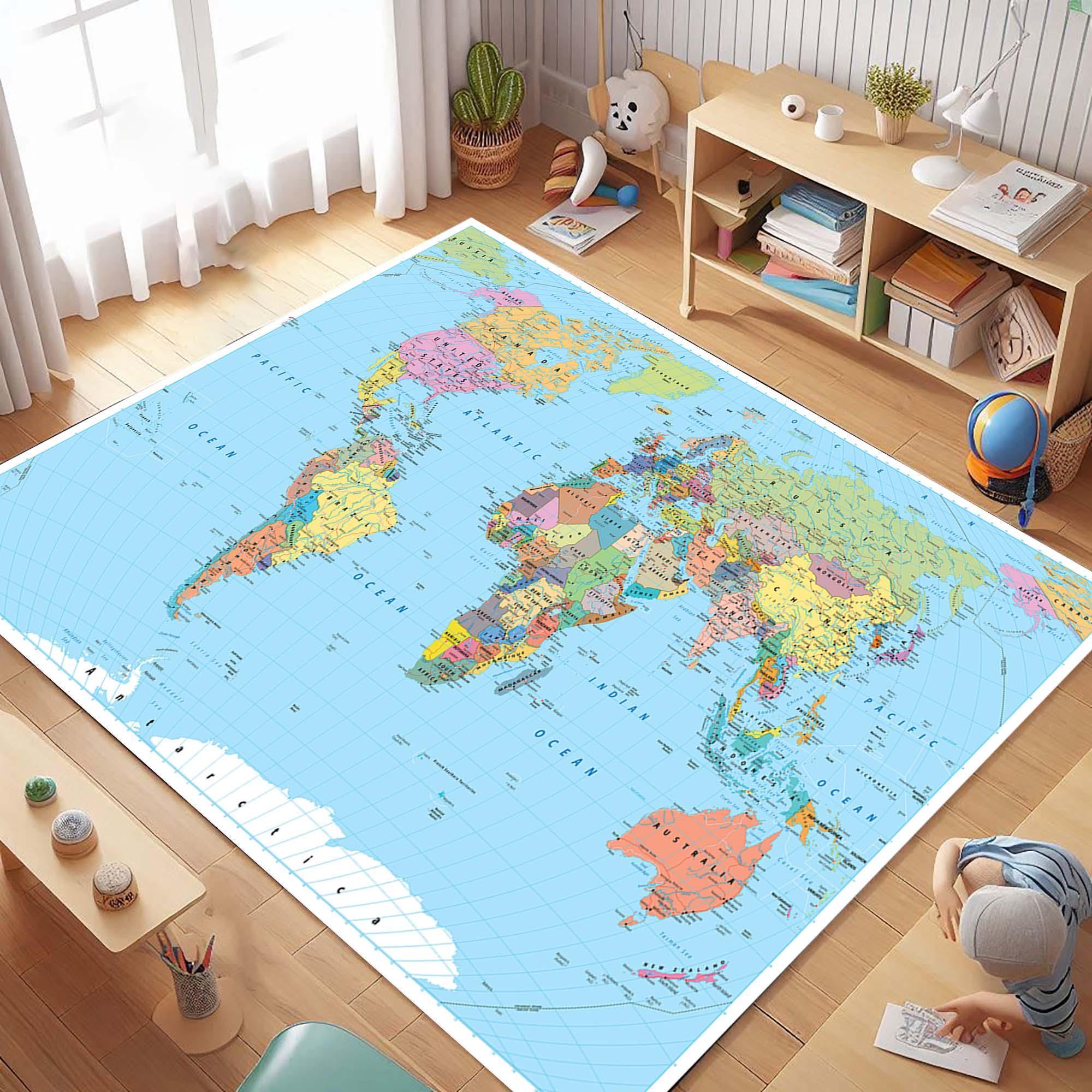 Map Area Rug, World Atlas Carpet, Geography Floor Mat, Travel Decor ...