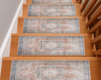 Distressed Medallion Stair Rug, Vintage Style Decor, Muted Tone Rug