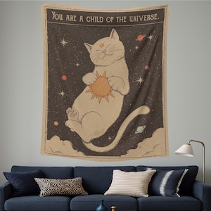 Cosmic Cat Tapestry, Boho Wall Hanging, Spiritual Cat Art, Celestial Tapestry, Hippie Cat Wall Art, Space Cat, Astrology Cat Mystical Decor