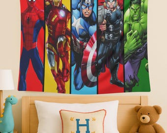 Tapiz de héroes, Spider-Man, Iron-Man, decoración de pared de Thor, póster de Hulk, tapiz infantil de héroes, arte de pared de superhéroes, póster de cómics