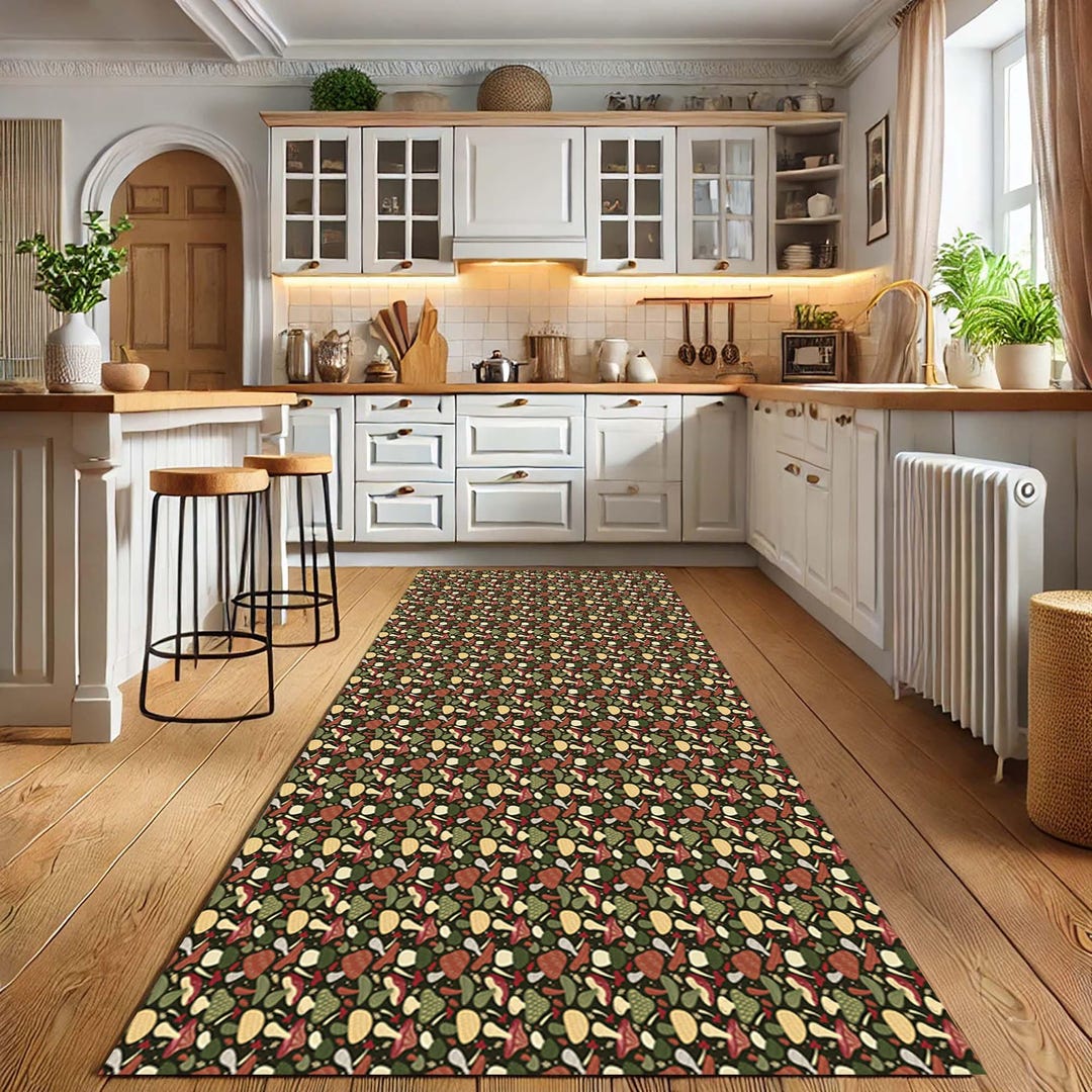 Botanical Hallway Runner, Floral Pattern Rug, Nature Inspired, Green ...