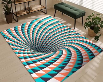 May include: A rectangular area rug with a 3D optical illusion design. The rug features a spiral pattern in shades of teal, orange, white, and black, creating a vortex effect. The rug is placed on a light-colored wooden floor.