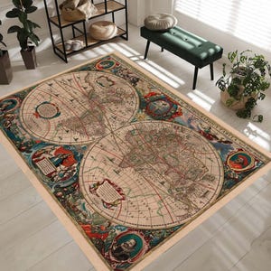 Weltkarte Teppich, Historischer Atlas Design, Antiker Karte Kunst Teppich, Arbeitszimmer Teppich, Kulturelles Erbe, Geographischer Druck Teppich