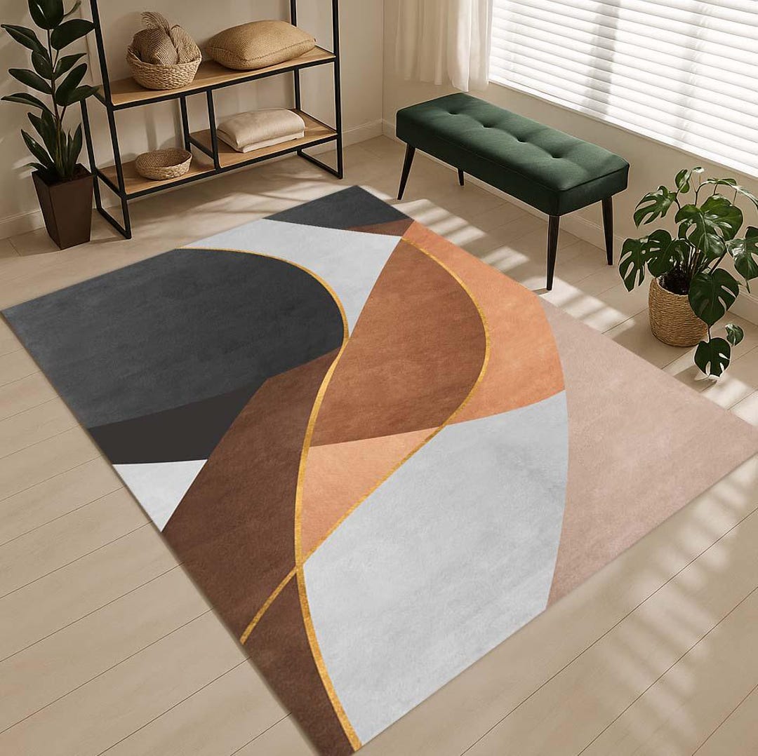 Modern Earth Tone Abstract Rug, Geometric Curved Line Area Carpet ...