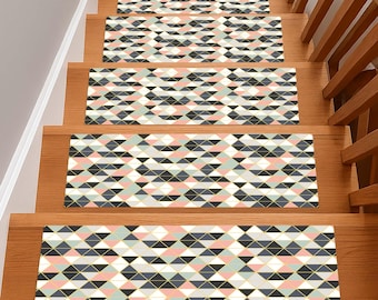 Geometric Colorful Stair Rug, Modern Stair Tread, Abstract Floor Mat, Diamond Pattern Rug, Nordic Style Carpet, Triangle Stair Mat