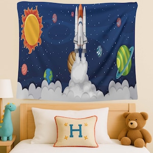 Space Rocket Tapestry, Kids Room Wall Art, Outer Space Decor, Planet Galaxy Wall Poster,Rocket Ship Art, Space Nursery Art,Solar System Wall