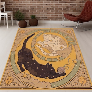 Mystic Cat Rug, Celestial Decor, Sun Moon Mat, Witchy Room Rug, Boho Cat Carpet, Magic Kitty Rug, Astral Art Rug, Starry Night Rug