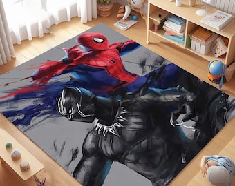 Puede incluir: Una alfombra gris con un pantera negra y Spiderman en una pose dinámica. La pantera está encima de Spiderman, y ambos están pintados en un estilo estilizado y abstracto.