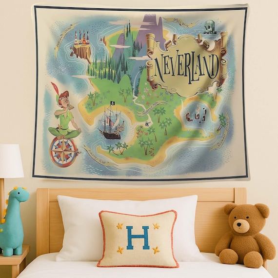Neverland Map Tapestry,Fairy Tale Nursery, Magical Island Poster, Lost Boys Room Decor, Pirate Map Tapestry, Storybook, Whimsical Kids Room