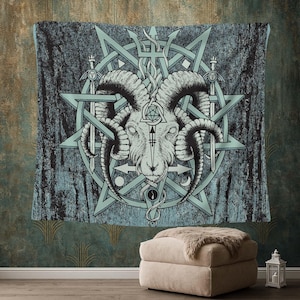 Occult Goat Tapestry, Gothic Wall Decor, Witchy Room Decor, Mystic Goat Print, Pagan Wall Hanging, Esoteric Home Art, Horned Beast Decor