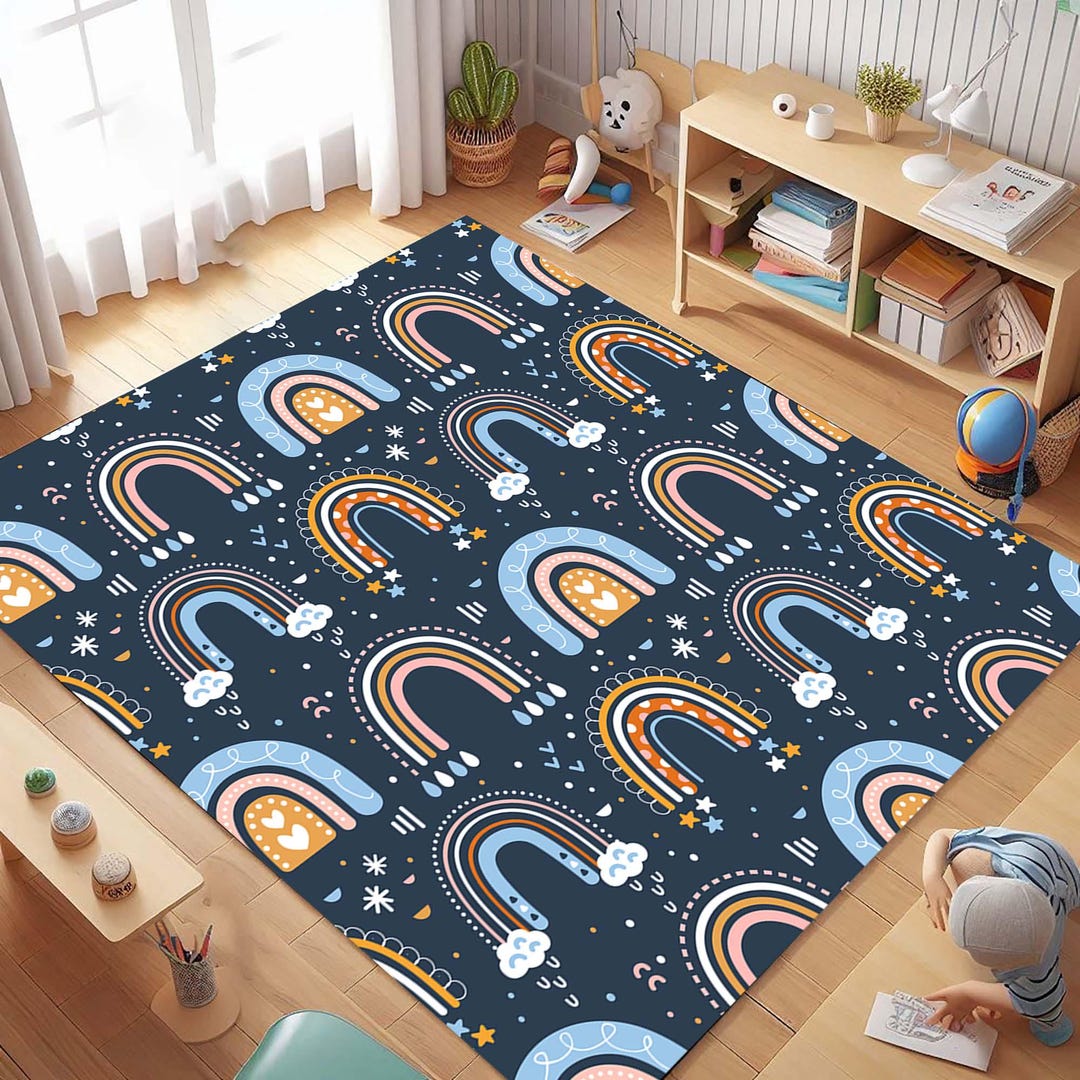 Kid Rug Ideas Colorful Rainbow Rug, Kids Room Decor, Whimsical Design With Clouds and ...