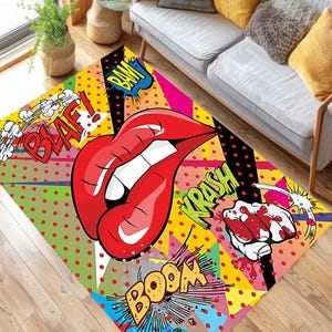 Alfombra Pop Art, Alfombra de Cómic, Alfombra Retro de Dibujos Animados, Alfombra con Diseño de Labios, Arte de Suelo Colorido, Alfombra de Arte Moderno, BAM BOOM BLAF, Alfombra con Llamativo Diseño