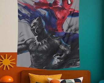 Póster de pared de Spiderman y Pantera Negra, tapiz de héroe, decoración de tapiz genial, arte para habitación de acción, pared para habitación de niños, tapiz de cómic para adolescentes, diseño de héroe
