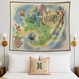 Gobeläng med karta över Neverland, sagobarnrum, magisk ö-affisch, dekoration med förlorade pojkars rum, piratkarta, sagobok, nyckfullt barnrum bild 3