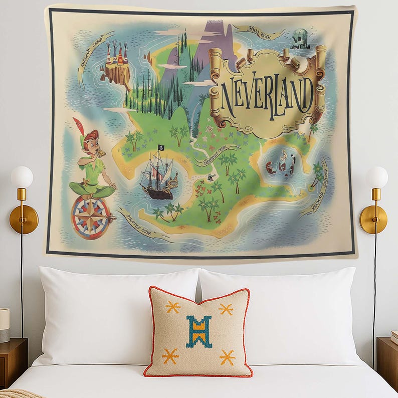 Gobeläng med karta över Neverland, sagobarnrum, magisk ö-affisch, dekoration med förlorade pojkars rum, piratkarta, sagobok, nyckfullt barnrum bild 3