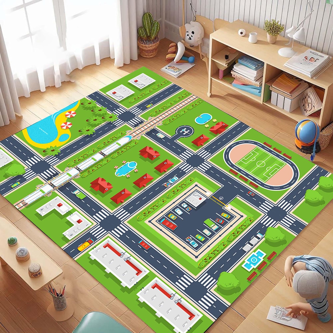 Kids Playroom City Map Rug, Colorful Traffic Town Design, Soft Washable ...