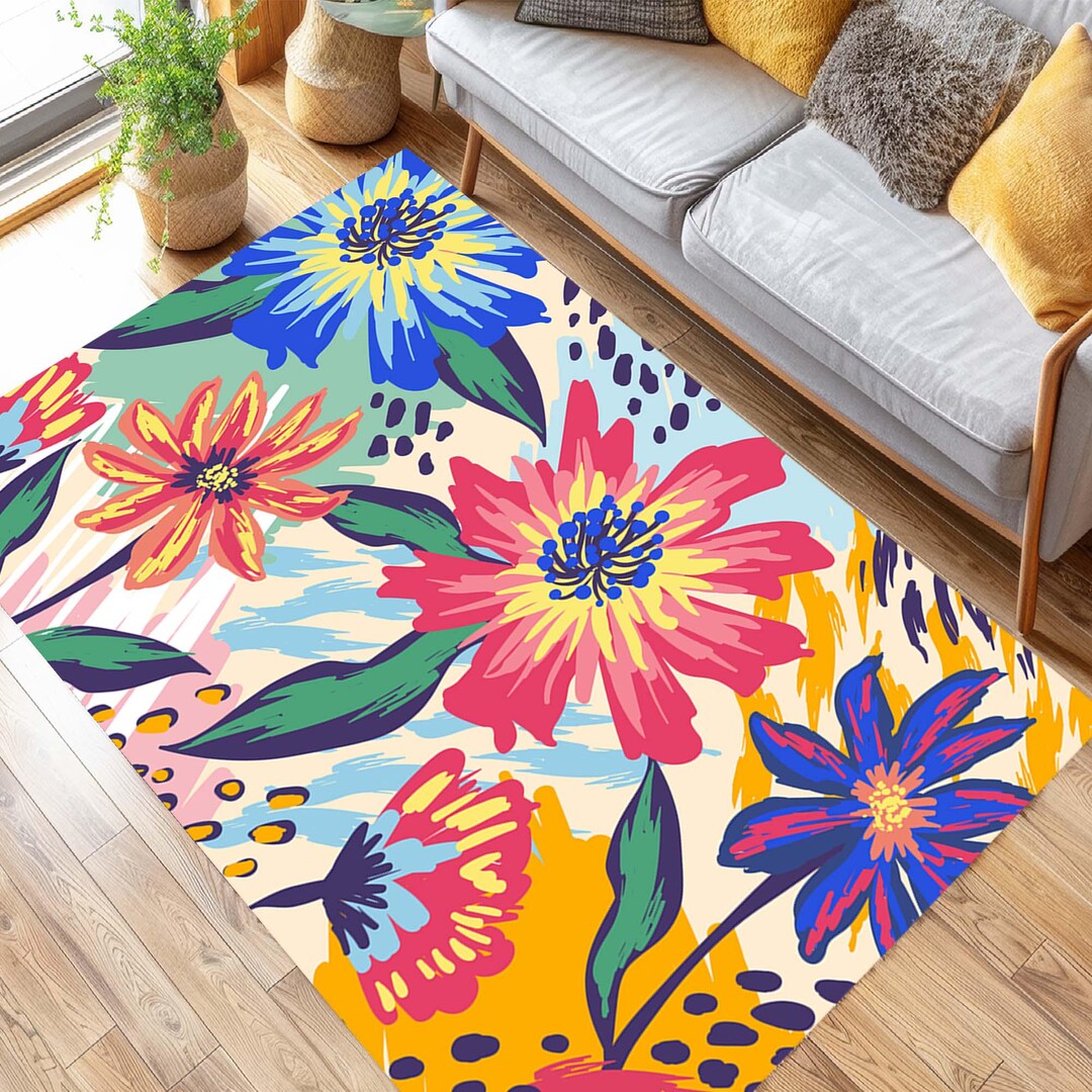 Colorful Floral Rug, Bright Flower Carpet, Botanical Print Mat, Vibrant ...